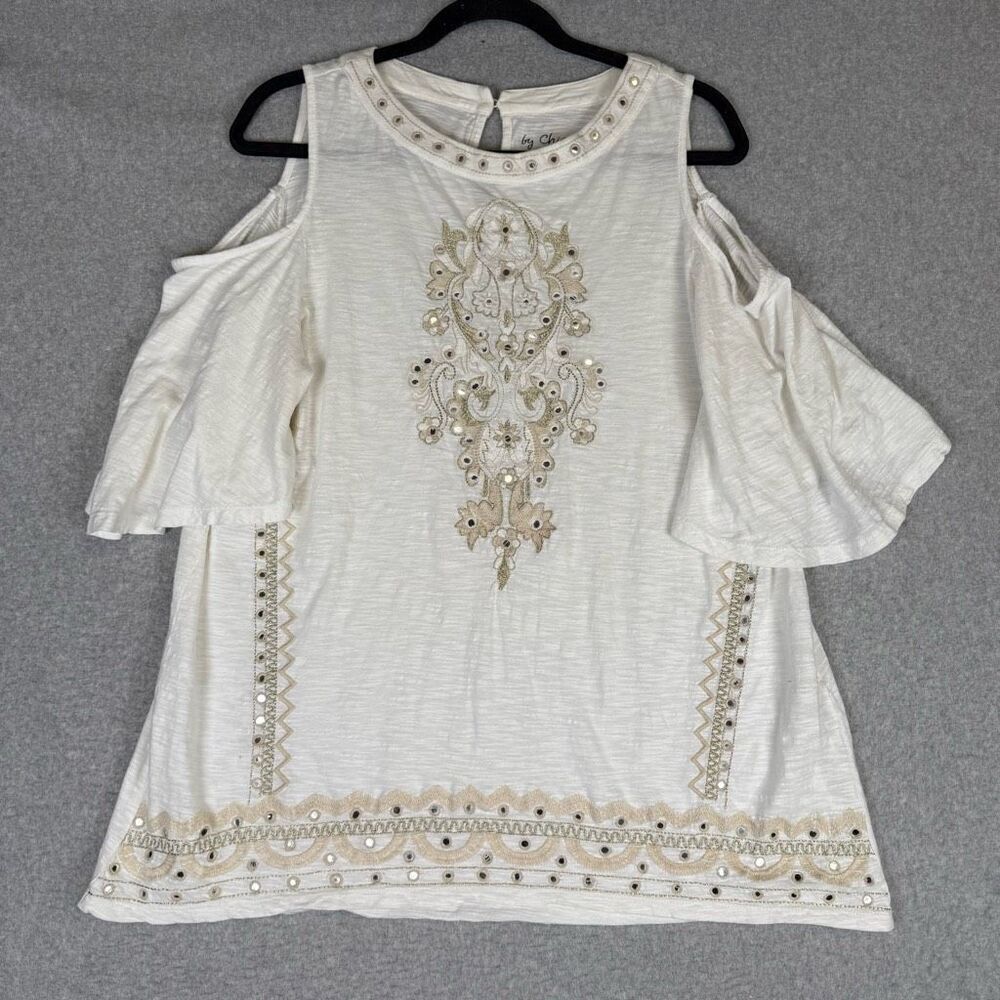 Chico's White Embroidered Cold Shoulder Flutter Sleeve Top 1 = Medium, 8-10